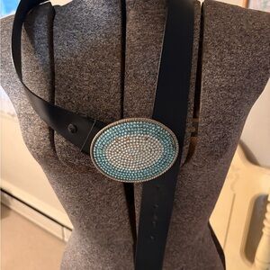 Elegant Black Belt with Turquoise and Silver Buckle